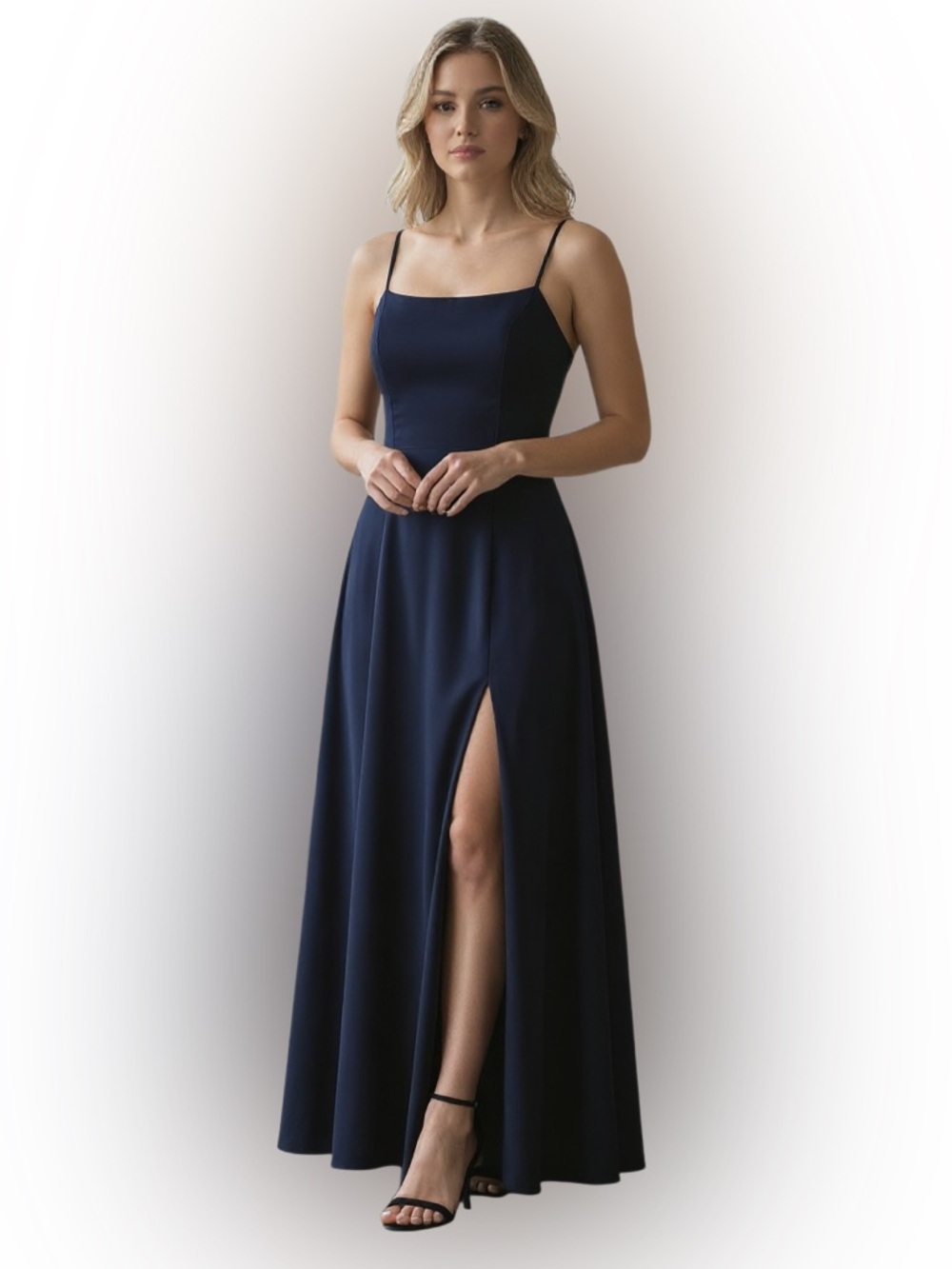 NWT JJs House Lunetta Navy Maxi Gown Formal dress Thigh Slit open back Size 12